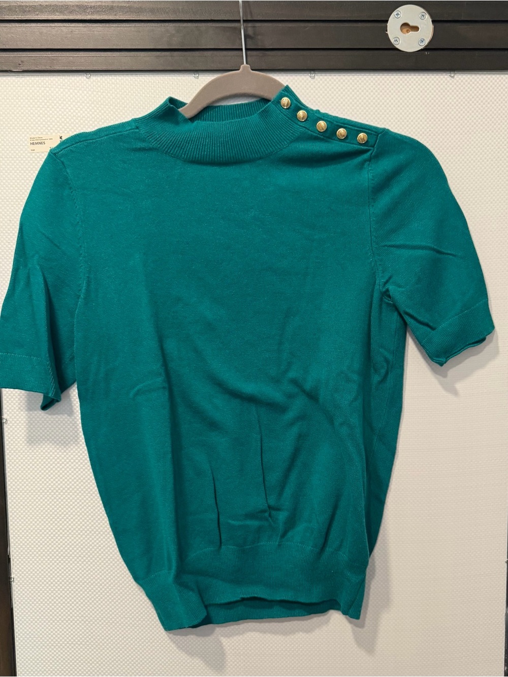 Ann Taylor Teal Short-Sleeve Knit Top with Gold Shoulder Buttons